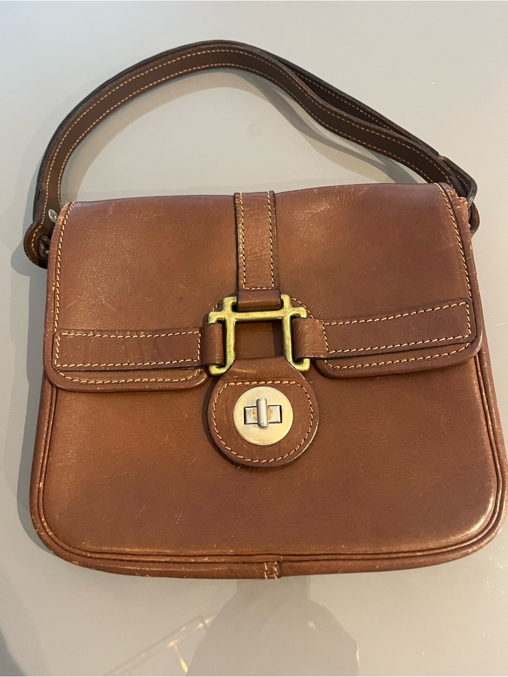 VINTAGE Women's Brown Leather Shoulder Bag with Brass Hardware, made In England